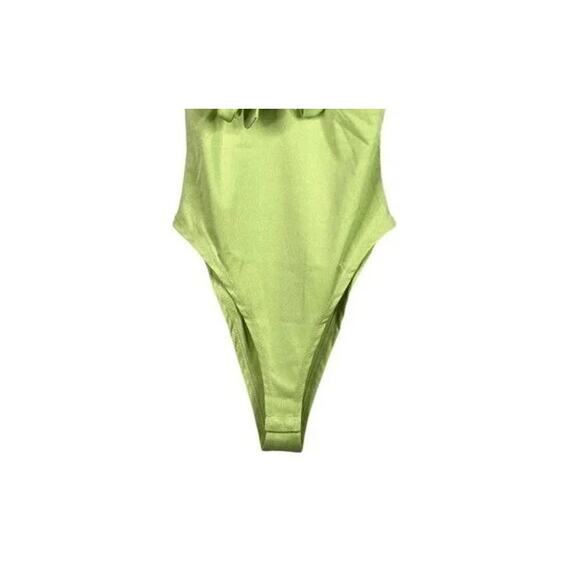 NEW Ruffled Off Shoulder Tie Key Hole Bodysuit Puff Sleeves Snap Crotch S Green - Picture 4 of 14